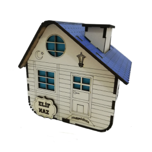 Mavi Çatılı Masal Evi Kişiye Özel MDF Kumbara