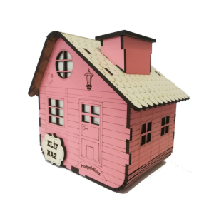 Pembe Çatılı Masal Evi Kişiye Özel MDF Kumbara