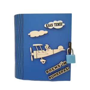 Kişiye Özel Kilitli Kitap Tasarımlı Mavi MDF Kumbara